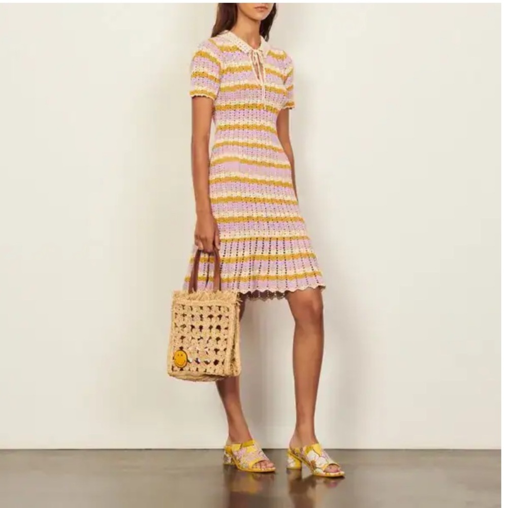 SANDRO Multicoloured Crochet Wavy Lined Collared Keyhole Ruffle Polo Dress US 8